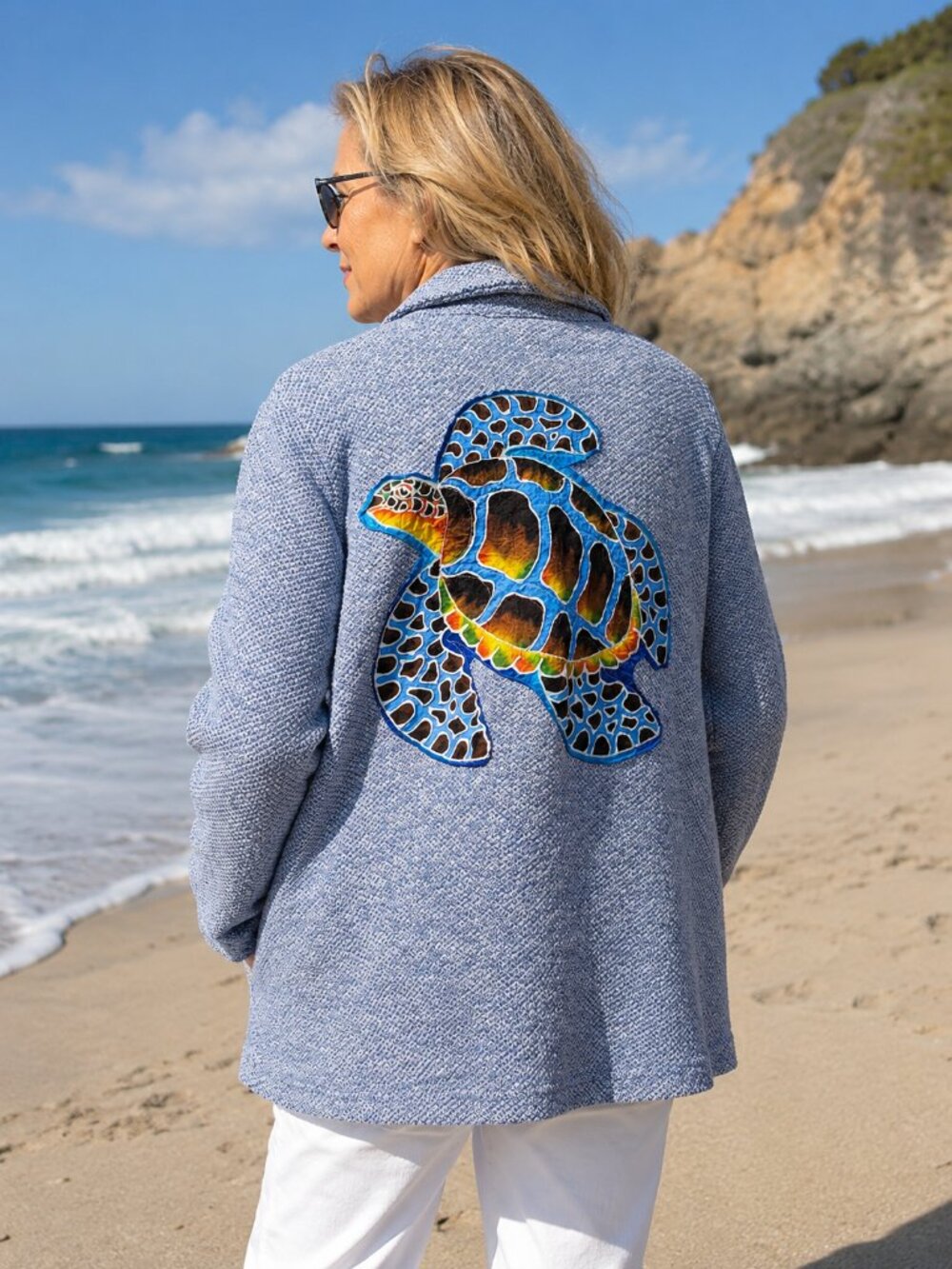 Damart Blue Knit Cardigan Jacket w/ Handmade Sea Turtle Appliqué Size 22